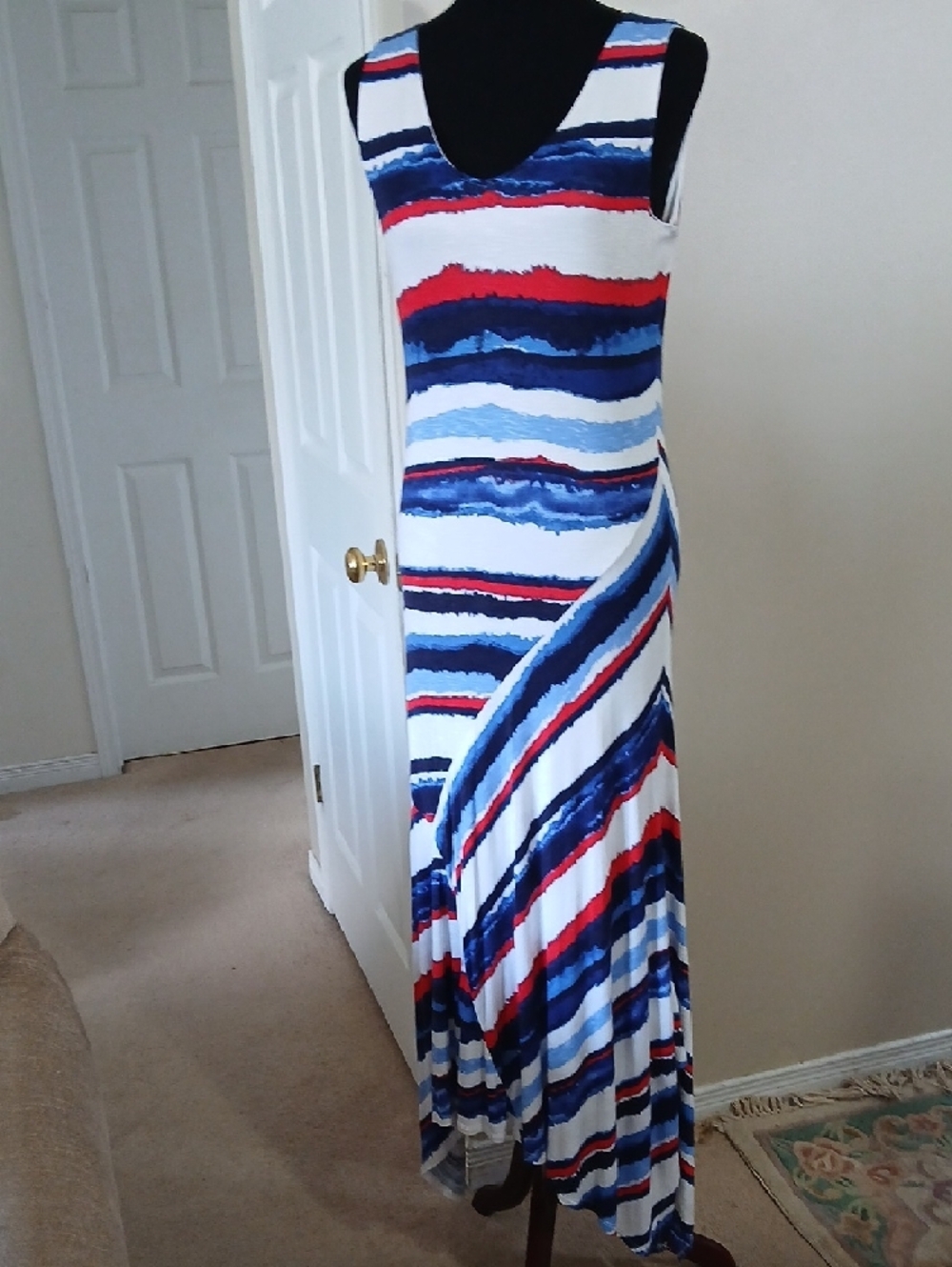 Tribal Sleeveless Maxi Dress in White, Blue & Red Stripes - Picture 10 of 14